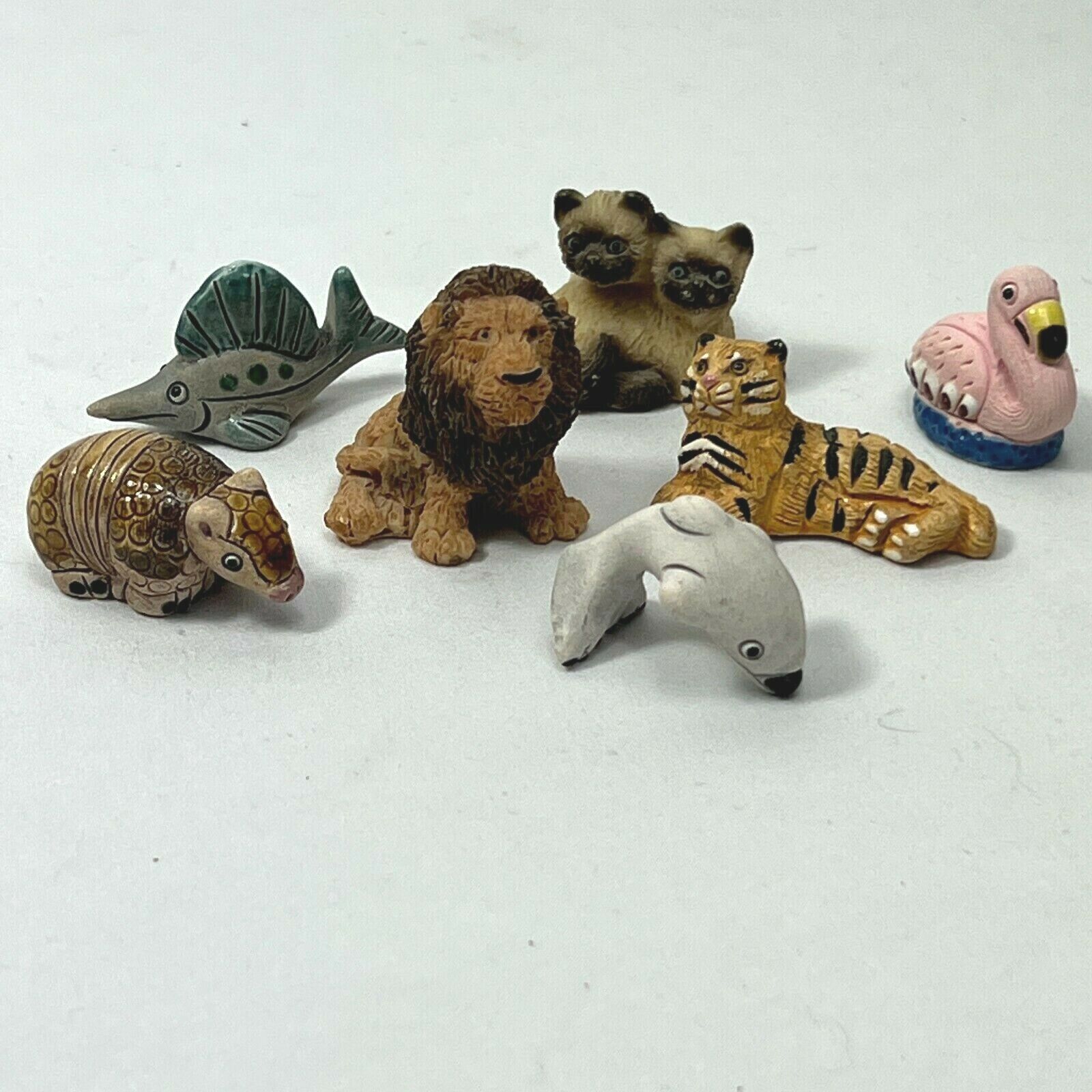 Clay & Resin Miniature Set of Seven (7 ) Animal Figures Fish, Bird, Lion, Tiger