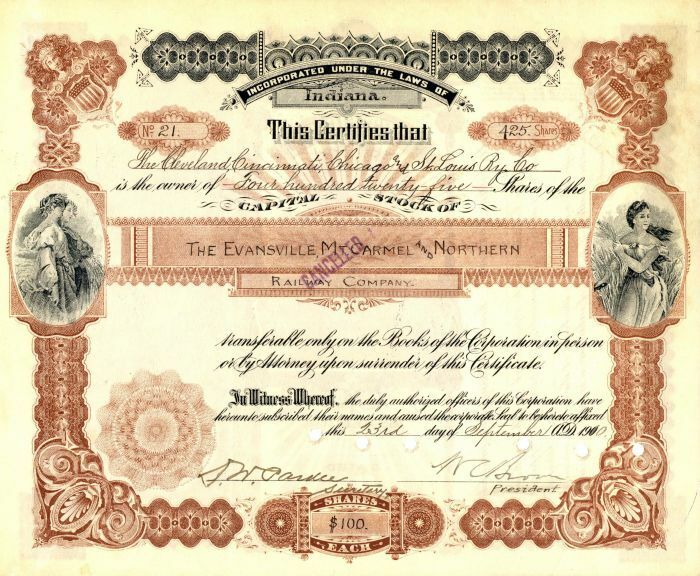 Evansville, Mt. Carmel and Northern Railway Co. - Railroad Stock Certificate - R
