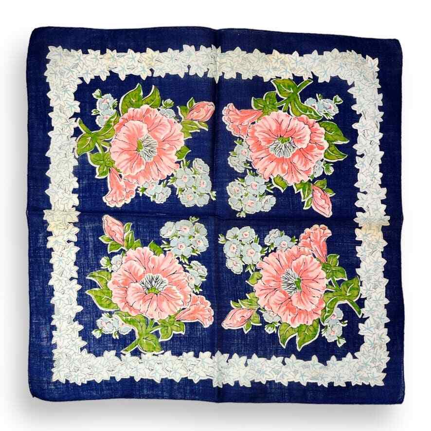 Vintage Handkerchief, navy blue with pink flowers, springtime decor, accessory