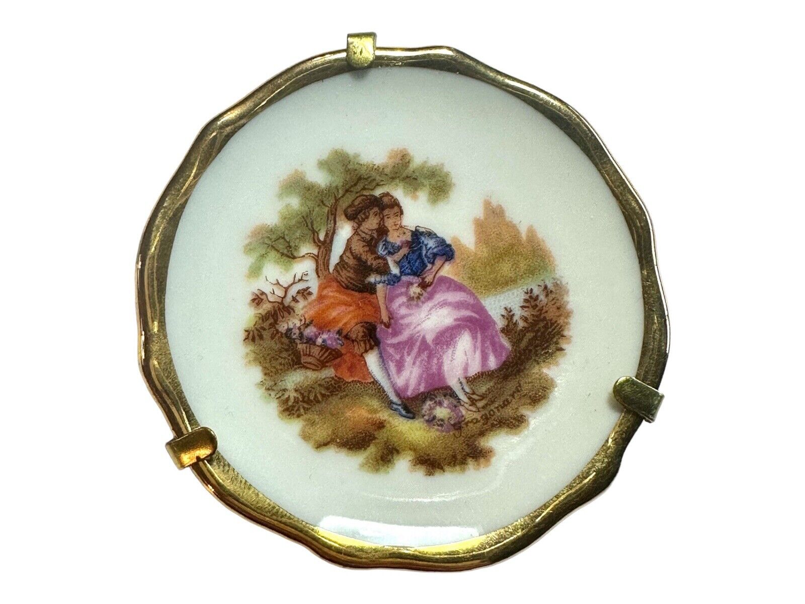 Vintage Limoges France Porcelain Mini Plate W/Mount, Courting Couple, Victorian