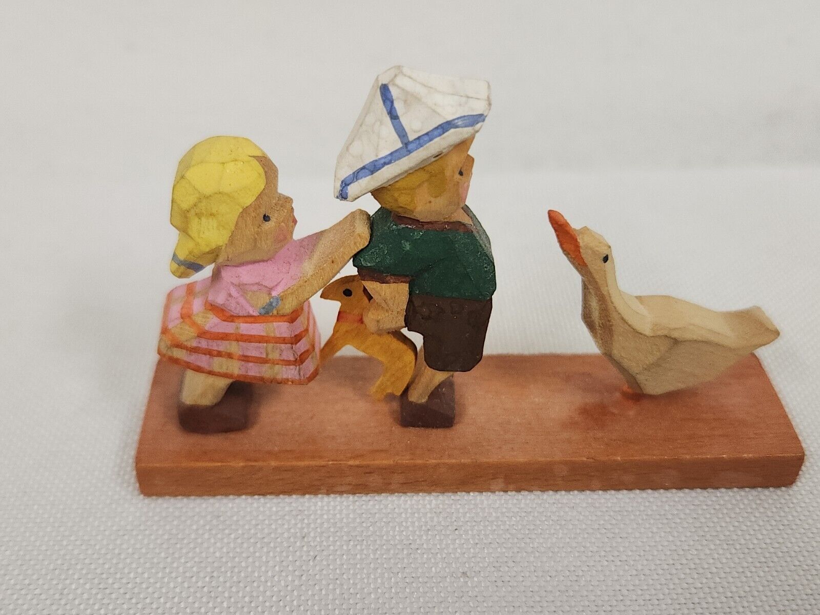 Vintage Erzgebirge, Emil Helbig, Wooden Hand Carved Miniature Boy, Girl, Goose