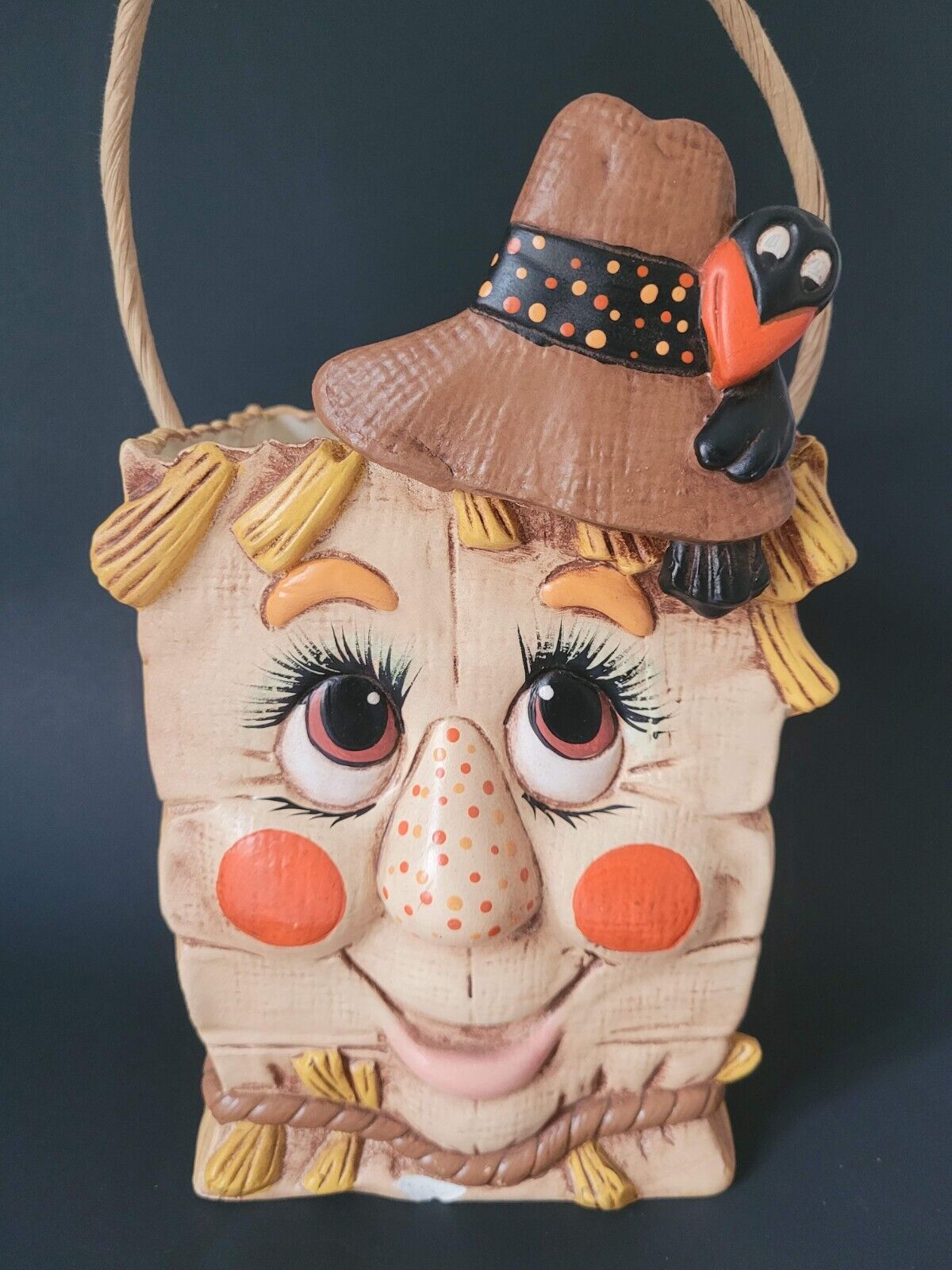 Vtg Rare 1991 Scioto Scarecrow Ceramic Halloween Candy Container Bag 9in Tall