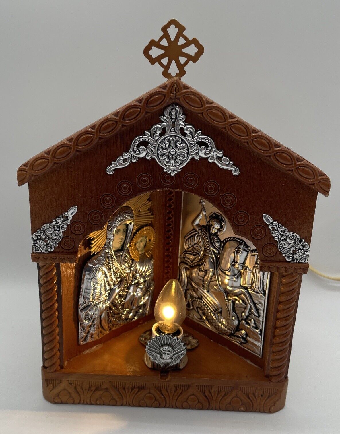 Antique Russian Orthodox Wooden Icon Shrine w/Lamp Madonna & Child