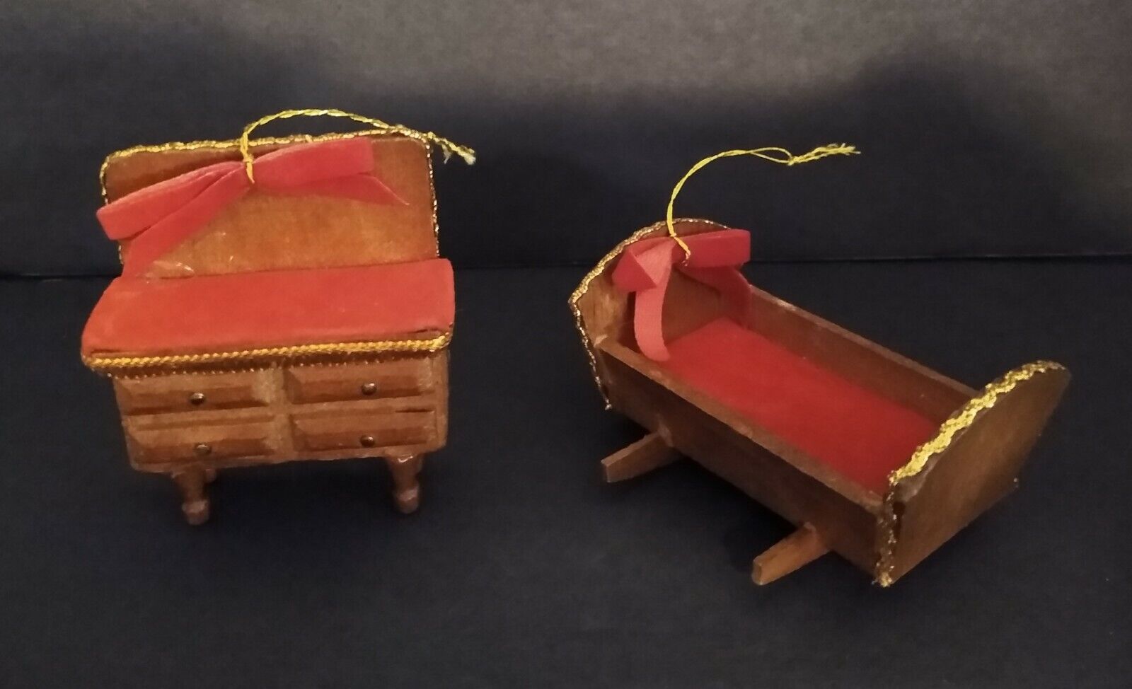 Vintage Dollhouse Furniture Christmas Ornaments, Set of 2, Dresser Cradle Wooden