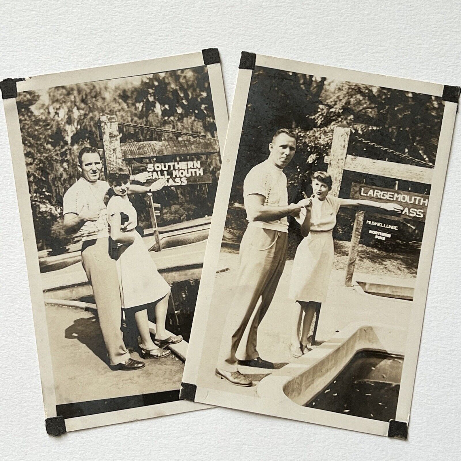 Vintage B&W Snapshot Photograph Man Woman & Sign Fish Funny Odd Roadside America