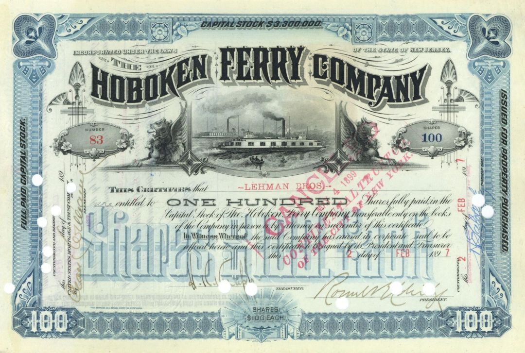 Hoboken Ferry Co. - Blue Issued to Lehman Brothers - 1897 dated Shipping Stock C