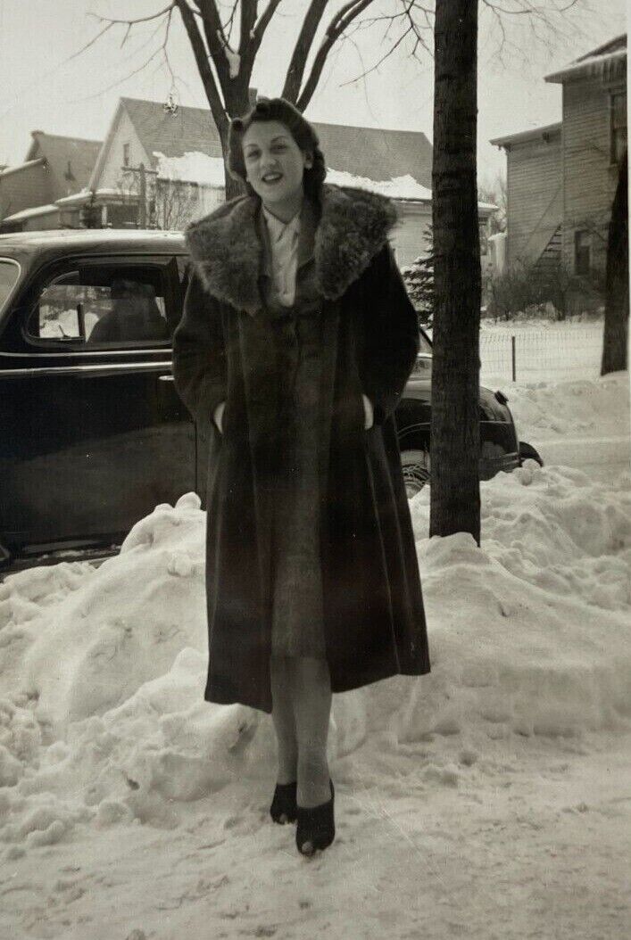 Pretty Woman In Long Jacket Standing In Snow B&W Photograph 2.75 x 4.5