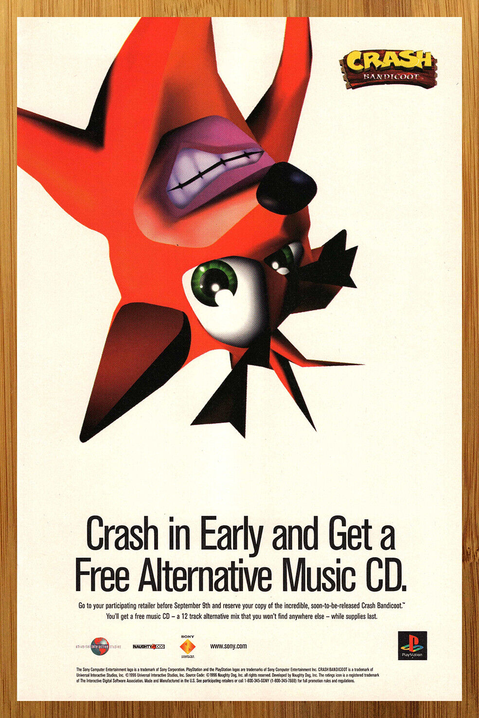 1996 Crash Bandicoot Playstation 1 PS1 Vintage Print Ad/Poster Official Art 90s