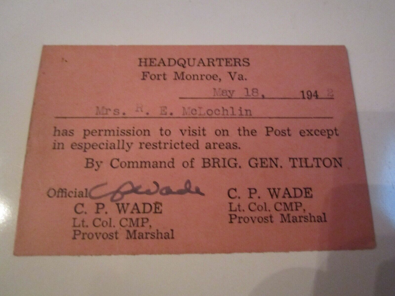 1942 NAVAL HEADQUARTERS FORT MONROE, VA. VISITING CARD  I.D. CARD - BOX S