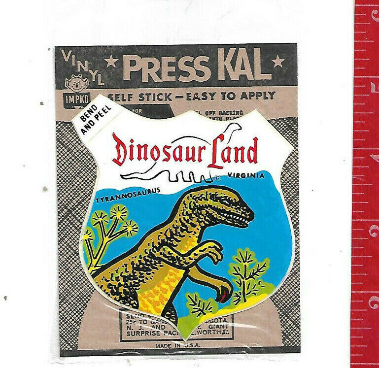 original Vintage Vinyl Impko Press kal sticker Dinosaur Land Virginia