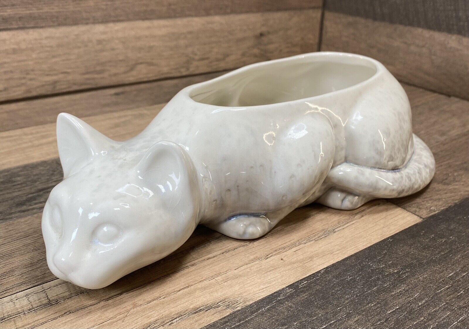 Cat Planter White with Blue & Gray Accents Vintage Mid Century Succulents HEAVY