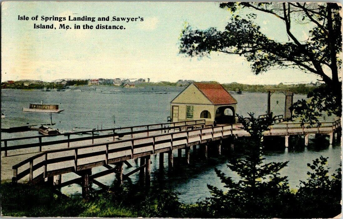 1910. ISLE OF SPRINGS LANDING & SAWYER\'S ISLAND, ME.  POSTCARD QQ12