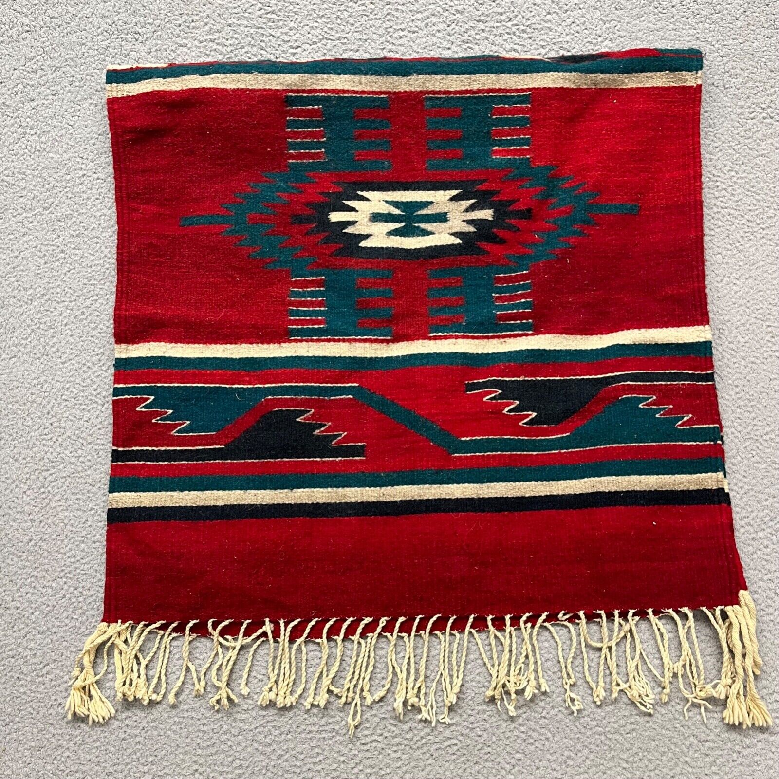 Vintage Aztec Rug Red Southwestern Tribal Wool Handmade In Mexico 58