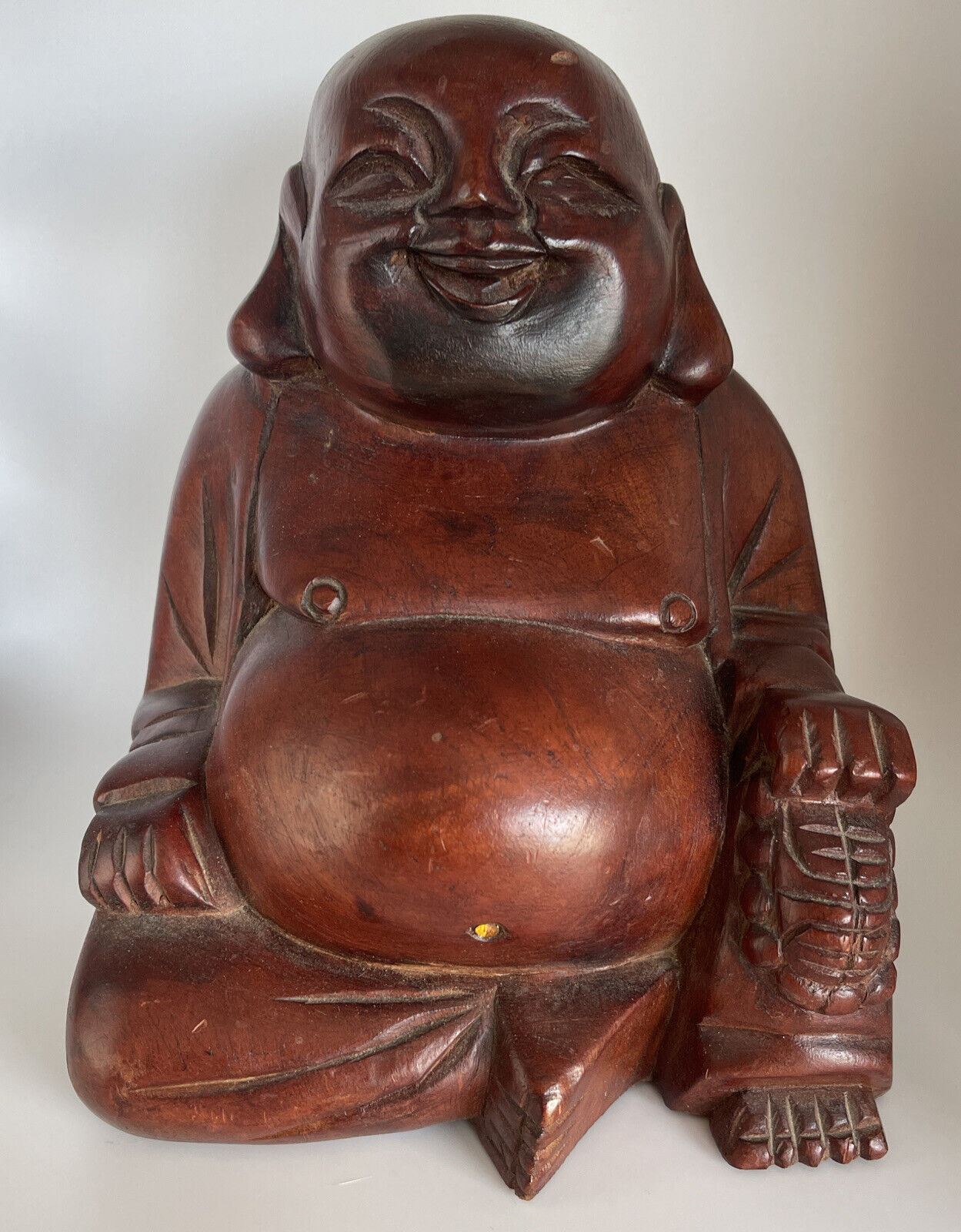 Vintage Carved Wood Buddha Jolly Smiling Rhinestone Navel  7.5” Tall 6” WIDE