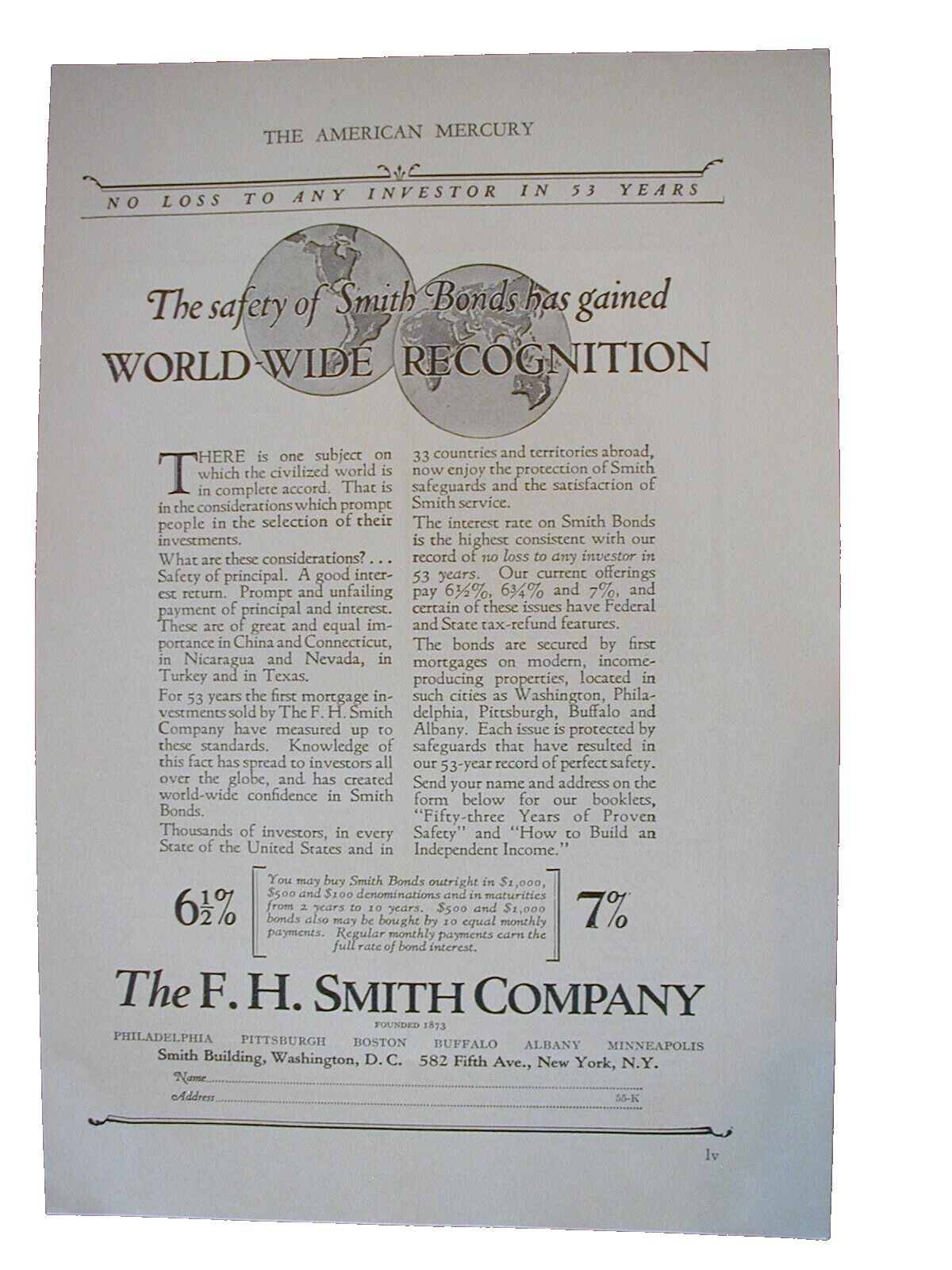 1926 F.H. Smith Company Bonds World-Wide Recognition Vintage PRINT AD67