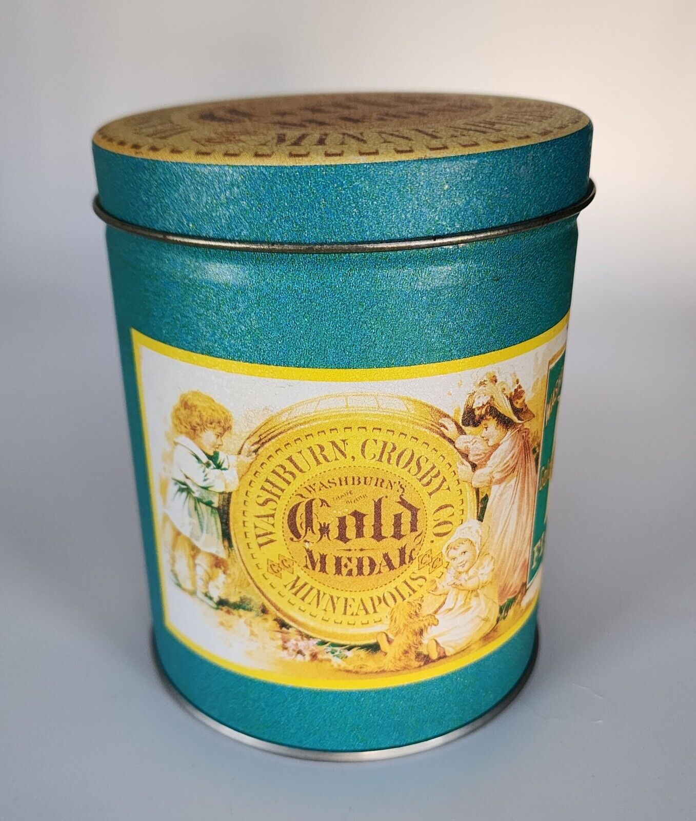 Reproduction Gold Metal Flour Tin WASHBURN CROSBY Co Teal Gold Vintage USA Made
