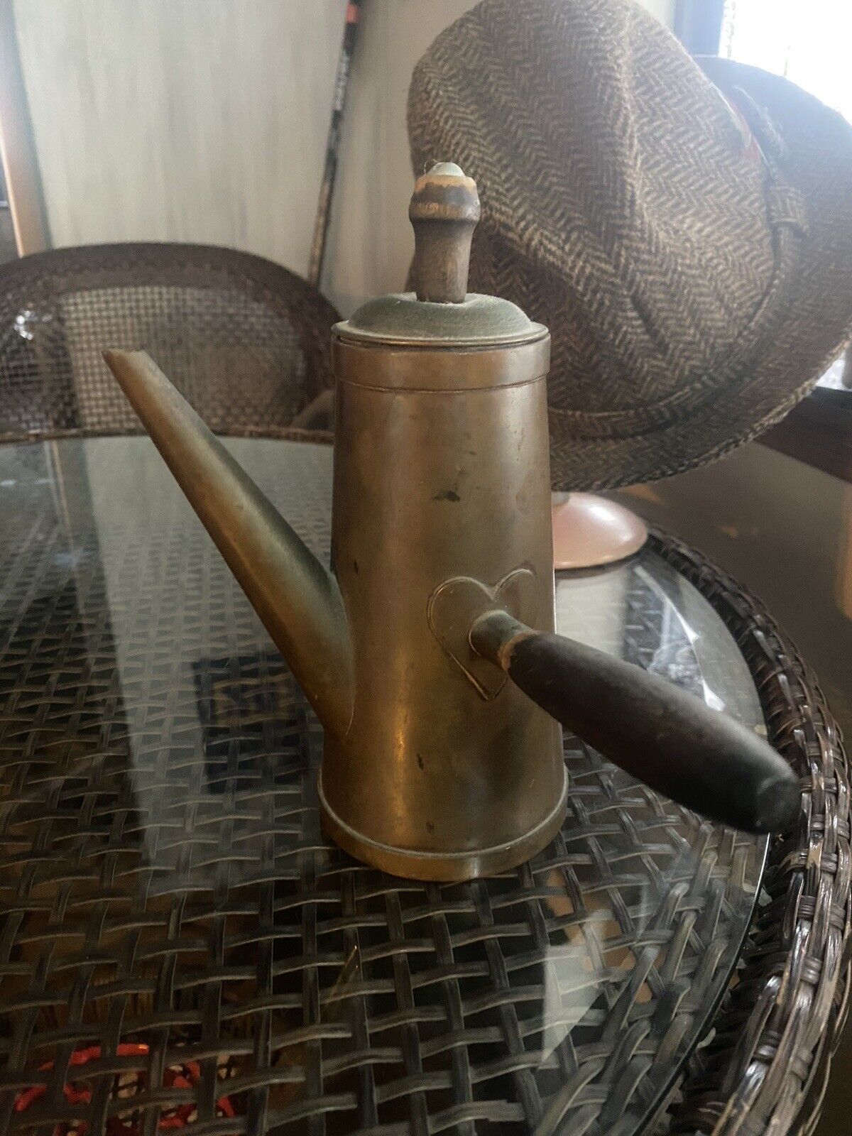 Early 1900s Sternau copper stovetop mini kettle wood handles S&S co heart tea