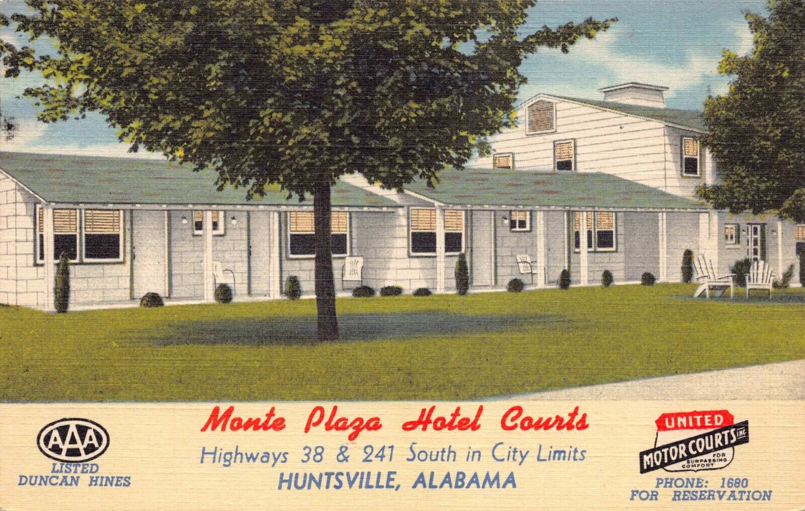 Linen Postcard Monte Plaza Hotel Courts in Huntsville, Alabama~128972