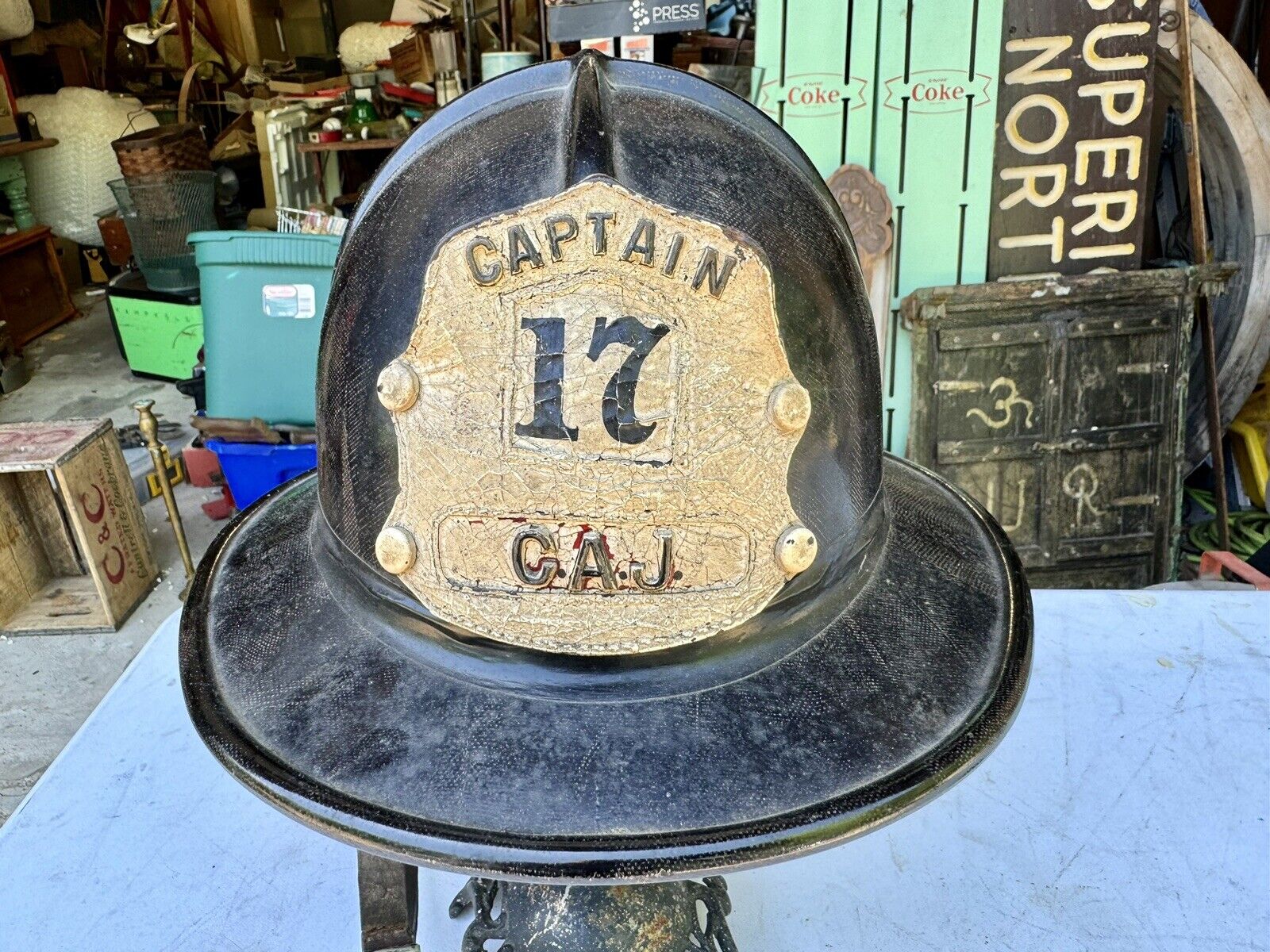 Rare Vintage Fireman’s Captain Helmet With Leather CAJ Badge No 17 Firefighter