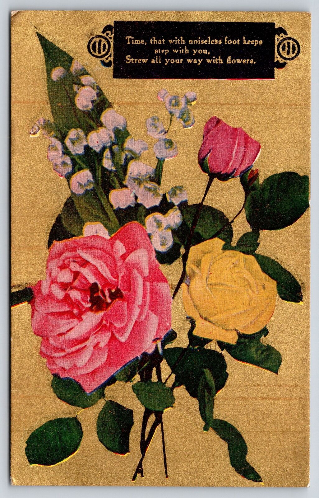Greetings~Pink & Yellow Roses & Lily of Valley Rhyming Greeting~Vintage Postcard