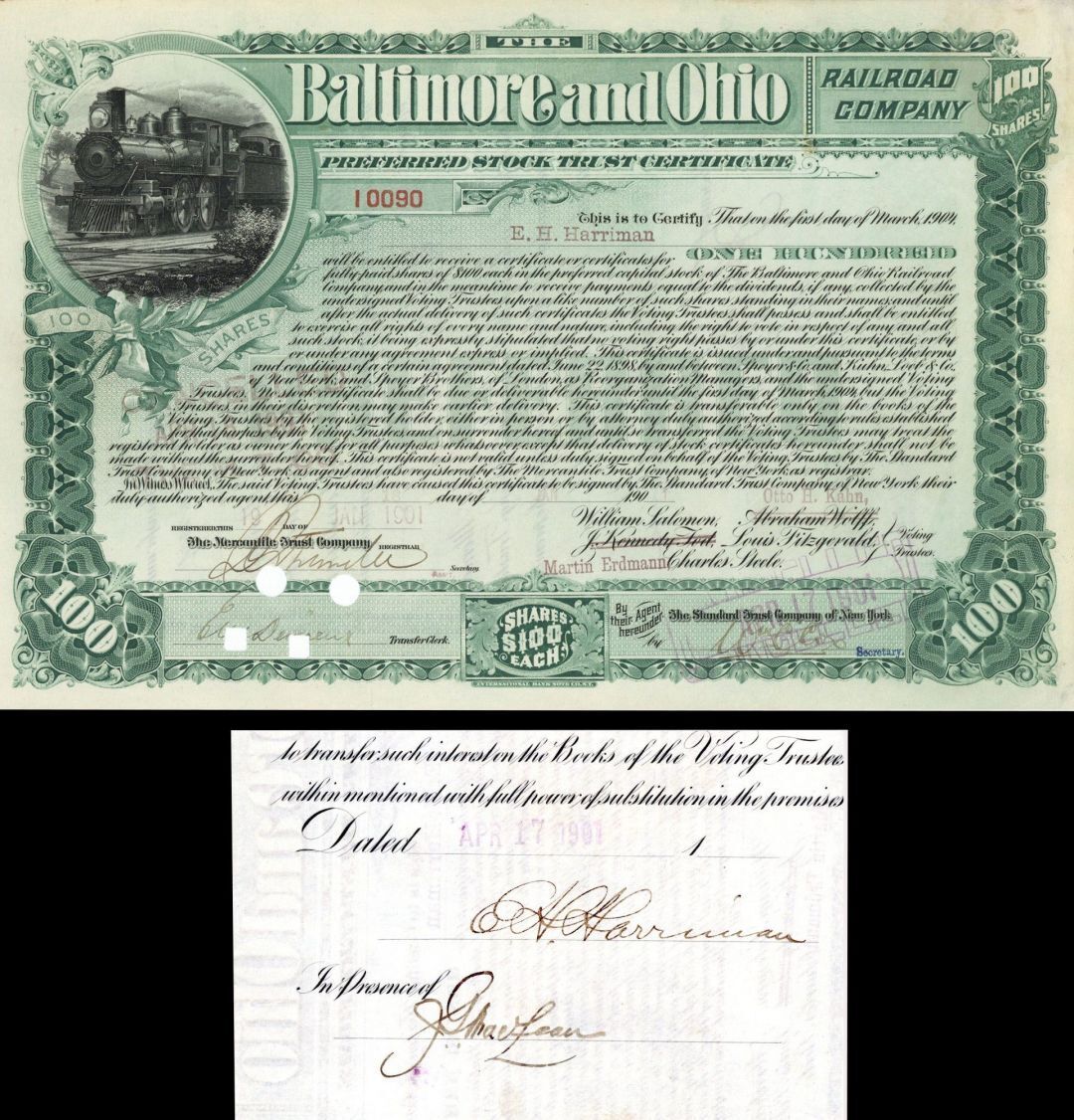 Baltimore and Ohio Railroad Co. signed by E H Harriman - Stock Certificate - Aut
