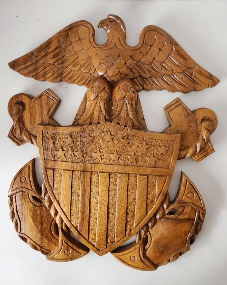 Vintage  US Navy  Eagle Crest Carved Wood Wall Plaque 13 Star