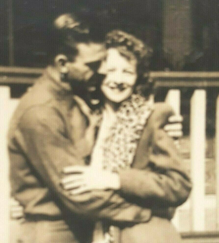 Vintage 1940s Photo GI Soldier Hugging Woman Outside Philadelphia Row House