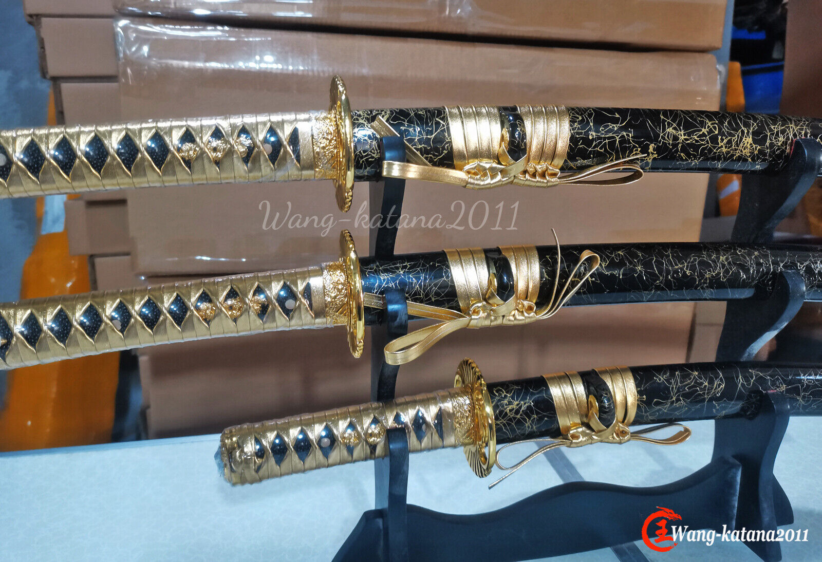 3PC Set All Gold 1095 Steel Sharp Japanese Samurai Katana/Wakizashi/Tanto Swords