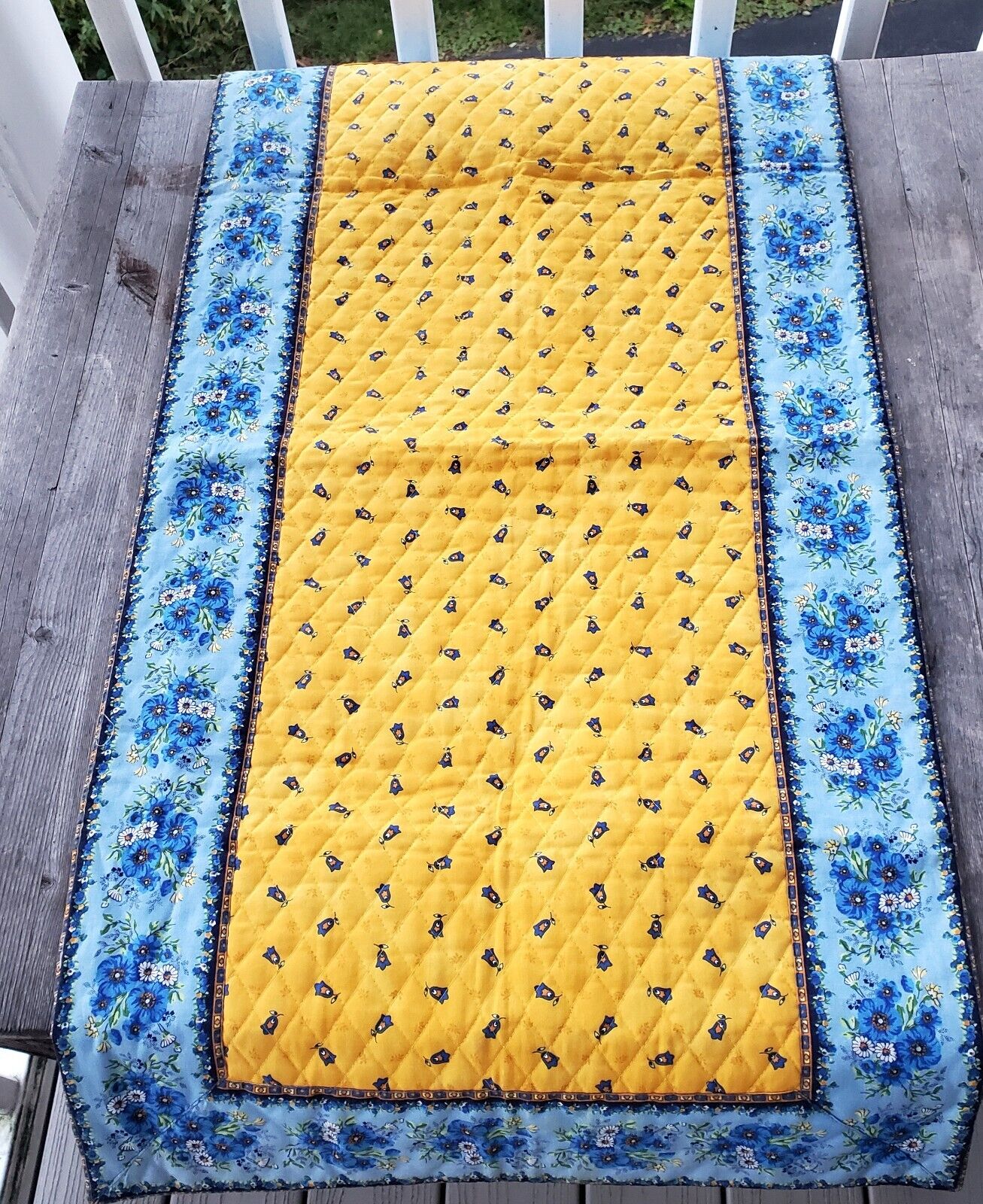 French Provencal Marat Avignon Tradition Quilted Runner Blue/Yellow Floral 38x20