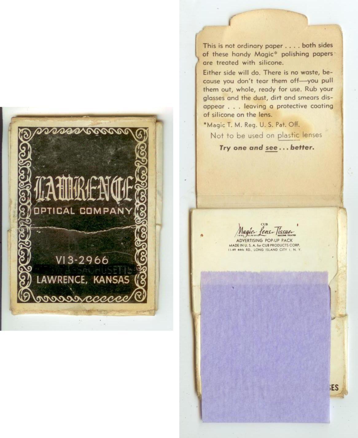 c1940s Lawrence Kansas Optical Company Magic Lens Tissue pack 