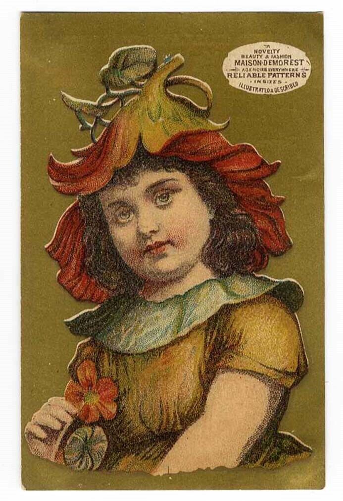 Flower Hat Little Girl MAISON DEMOREST 1880\'s Patterns VICTORIAN Trade Card 