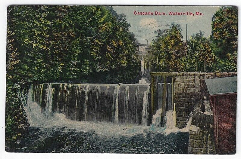 Waterville,  Maine, Vintage Postcard View of Cascade Dam, 1912