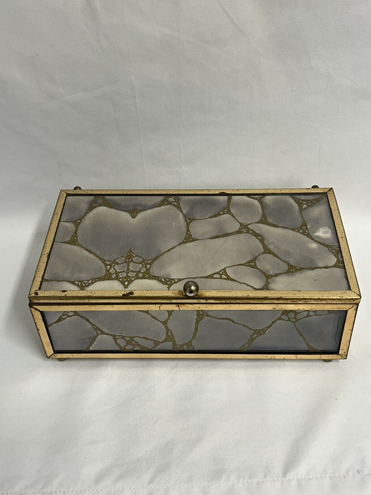 Antique Eglomise Reverse Gold Vein Glass Mirror Art Dresser Vanity Box 10½”