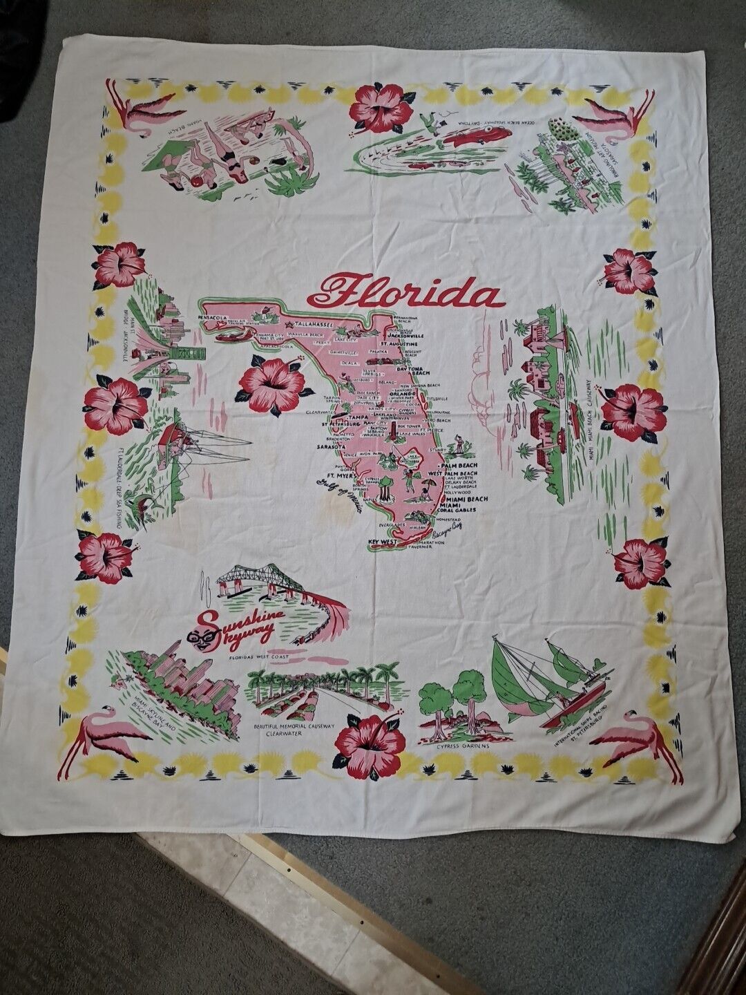 Vintage 1950\'s Florida Map Tablecloth