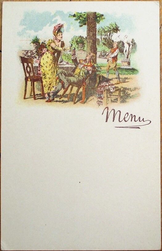 French Menu Blank 1890 Color Litho - Couple Toasting Outside Vignette