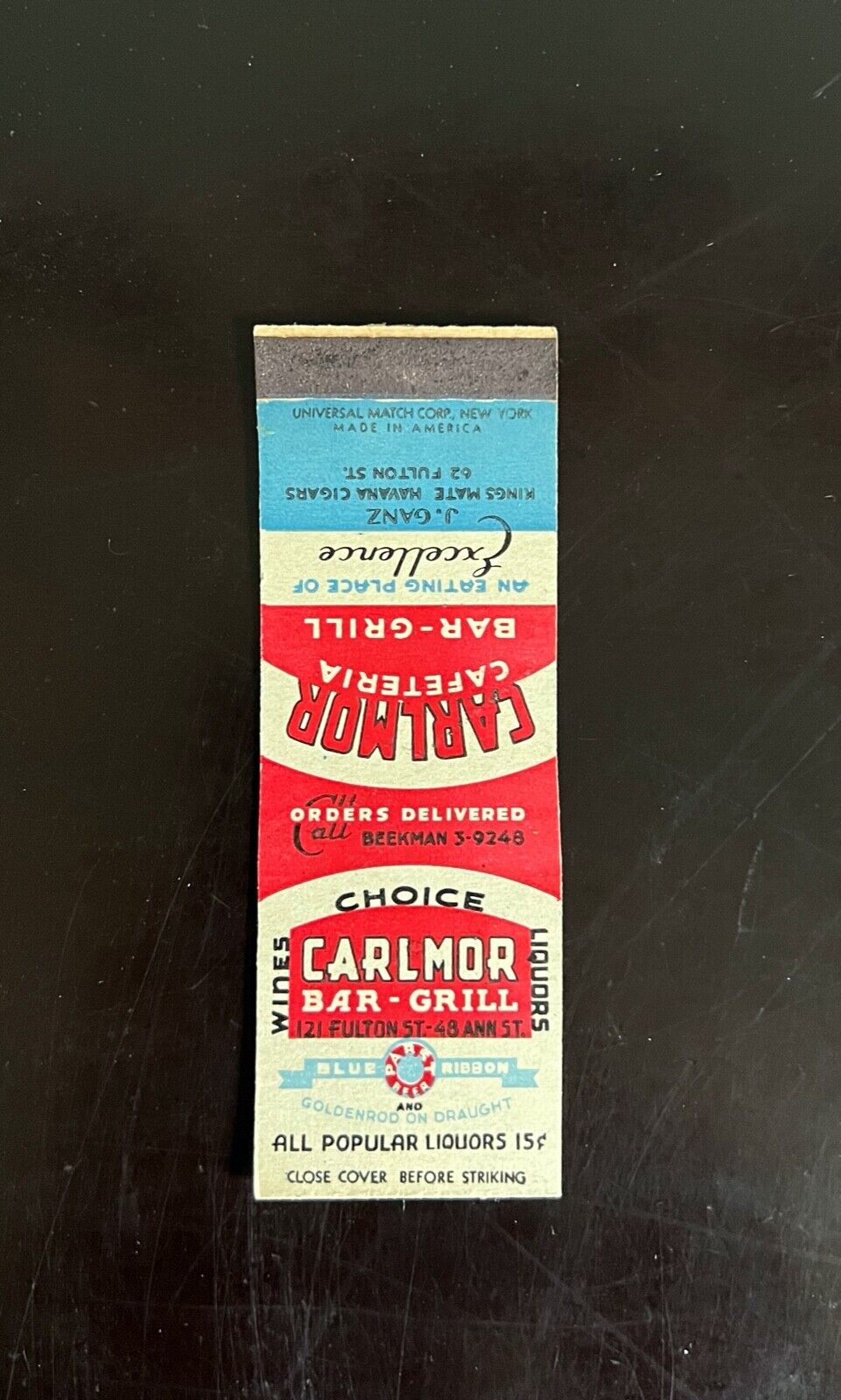 Vintage Sample Matchbook Cover - Carlmor Bar-Grill, New York City