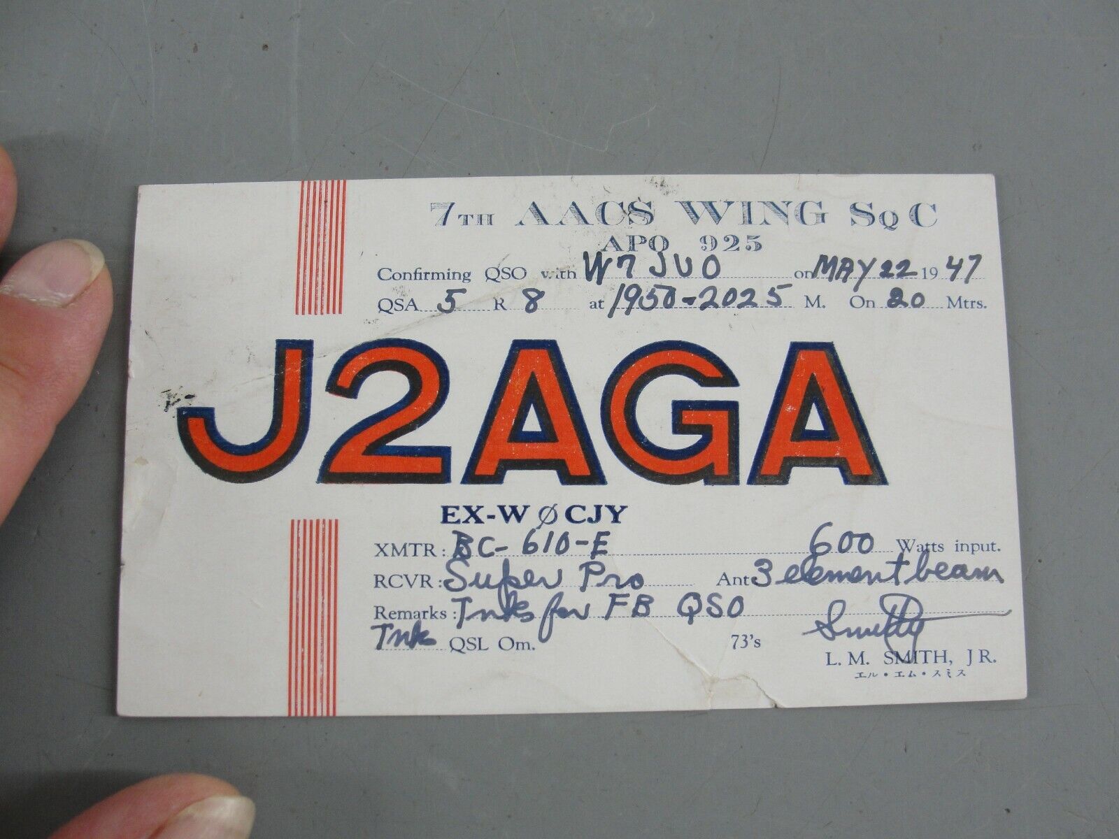 AMATEUR HAM CB RADIO QSL CONTACT Q CARD 7th AACS ARMY AIR FORCE WING Sq C 1947