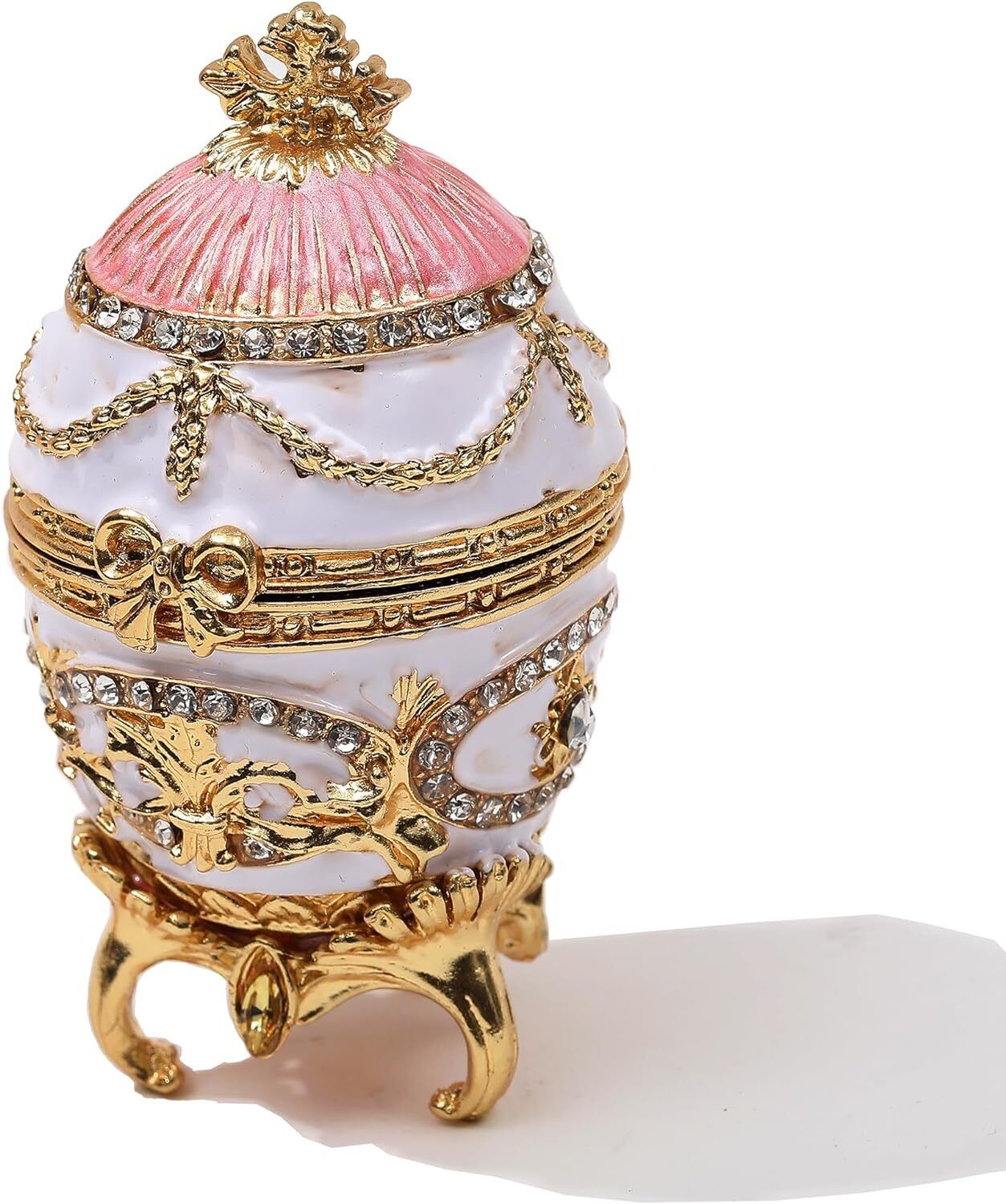 Bejeweled Pink Faberge Egg Hinged Metal Enameled Crystal Trinket box Classic