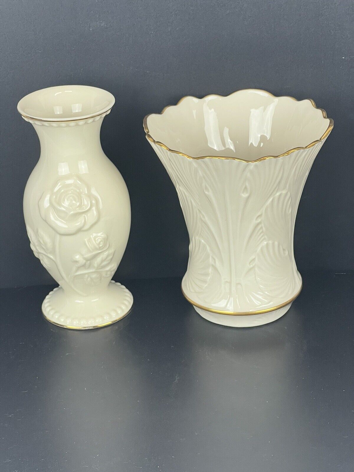 Lenox China Vases Cranford Embossed Leaf Design 5.5” & Floral Splendor 6.25” Set