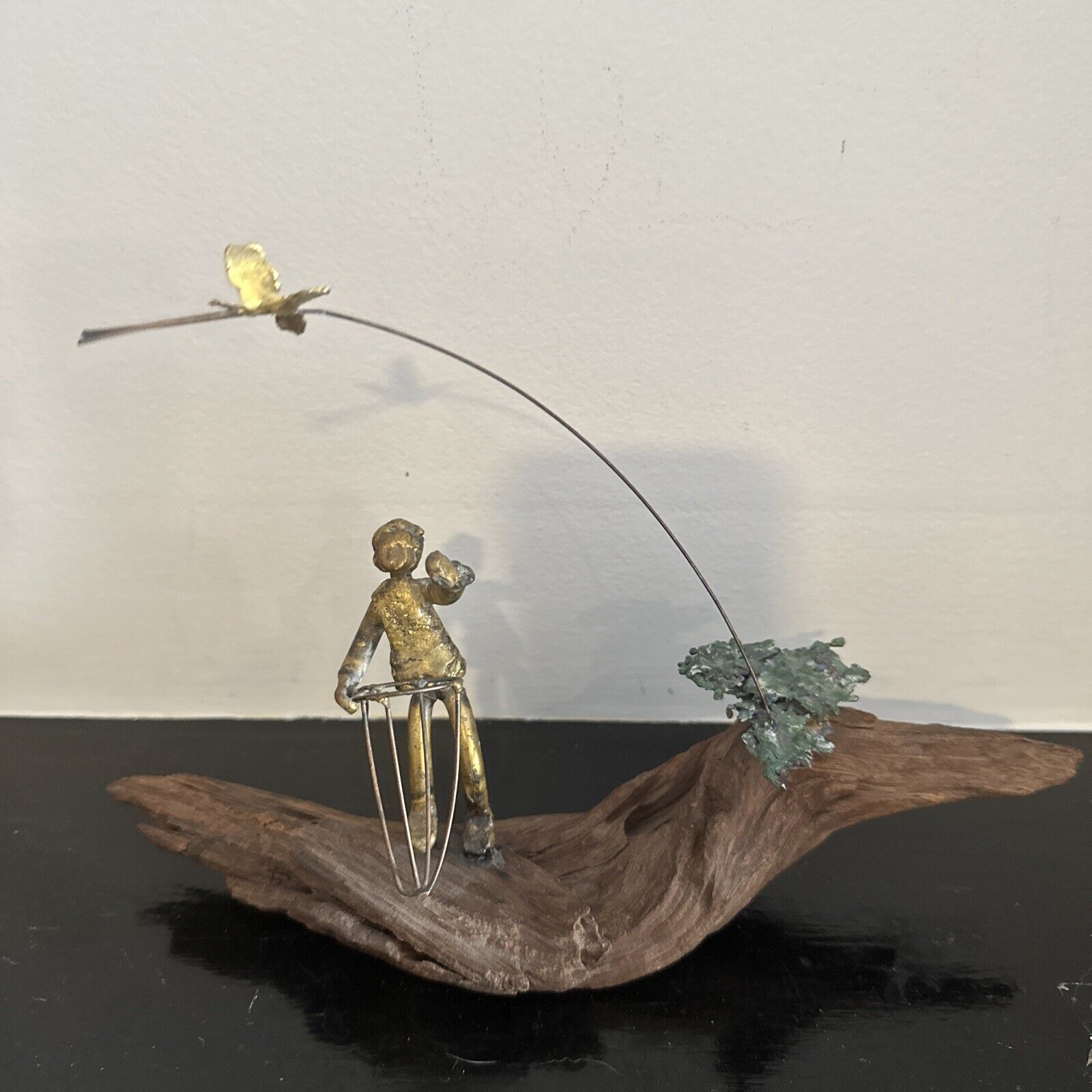 Wood & Metal Vintage Sculpture Boy Catching Fish With A Net And Butterfly 12”