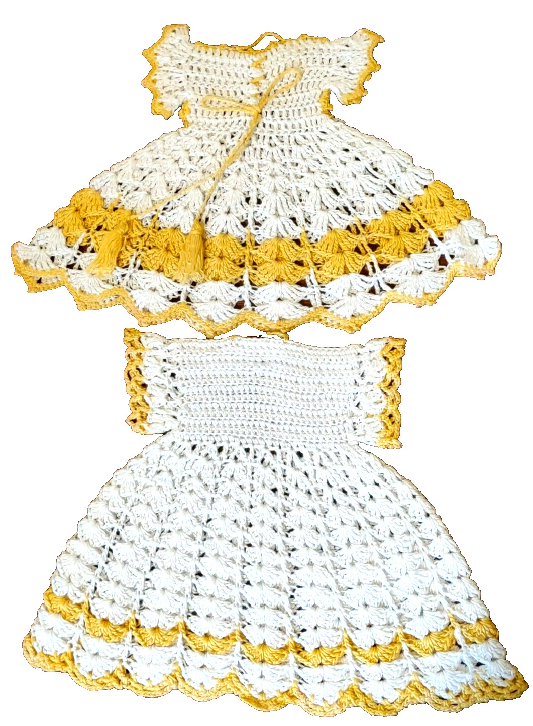 Vintage Handmade Crochet hot pad, DRESS design, beautiful work yellow/white