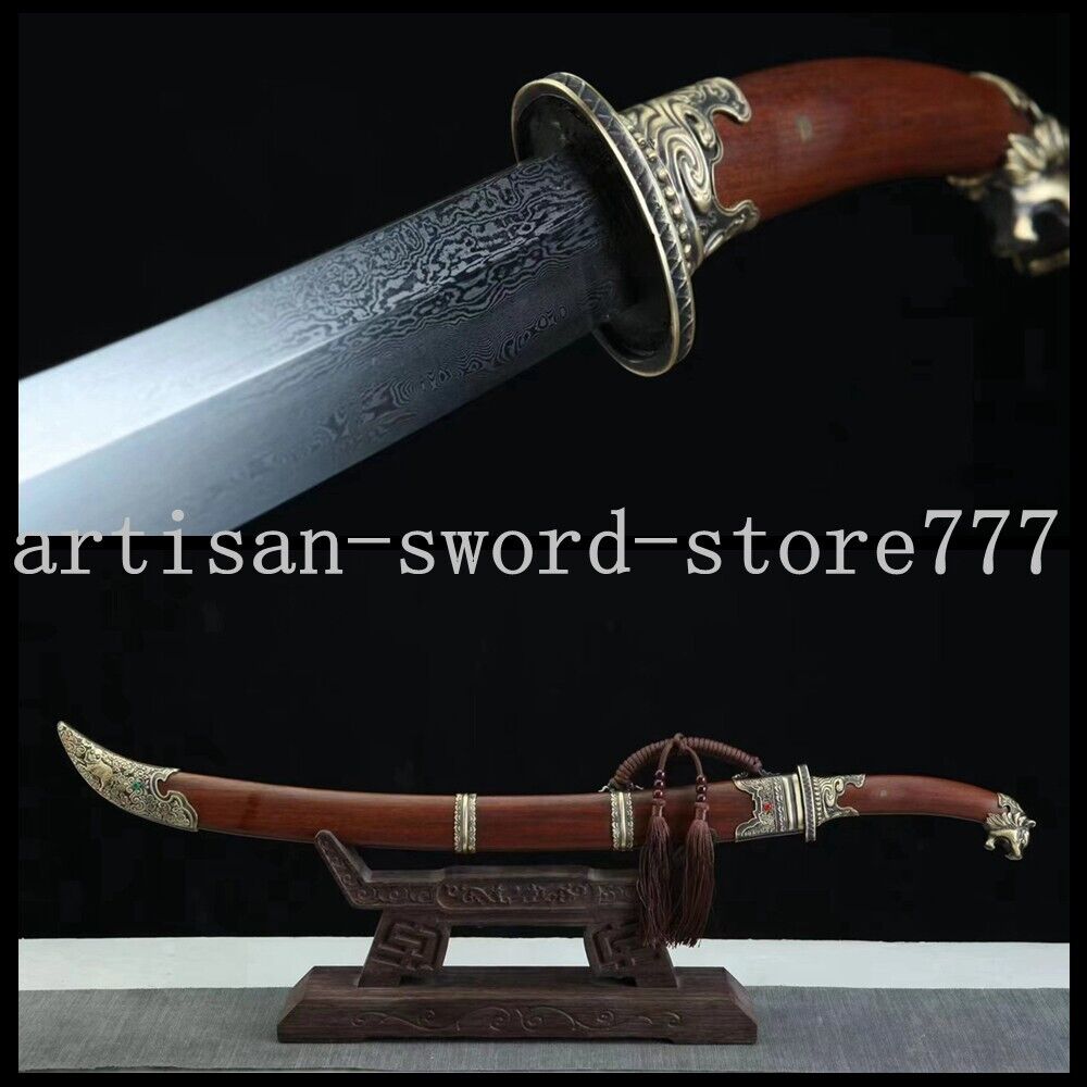 Chinese Mongolian Dao Handmade damascus steel sword Rosewood handle scabbard