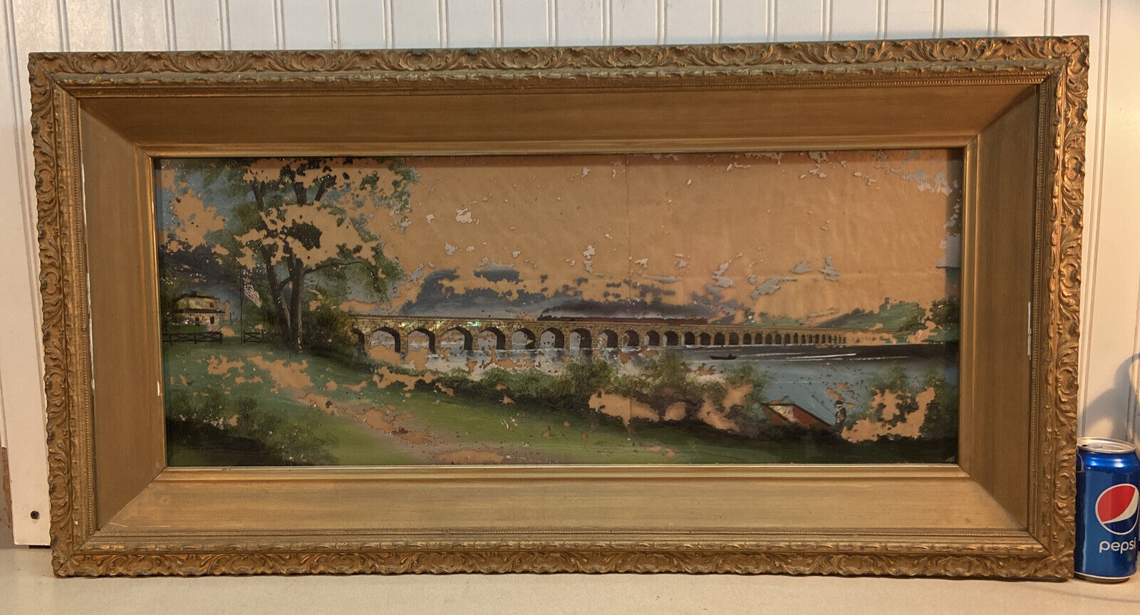 Vtg Victorian 1900’s Reverse Hand Painting Rockville Bridge Harrisburg PA framed