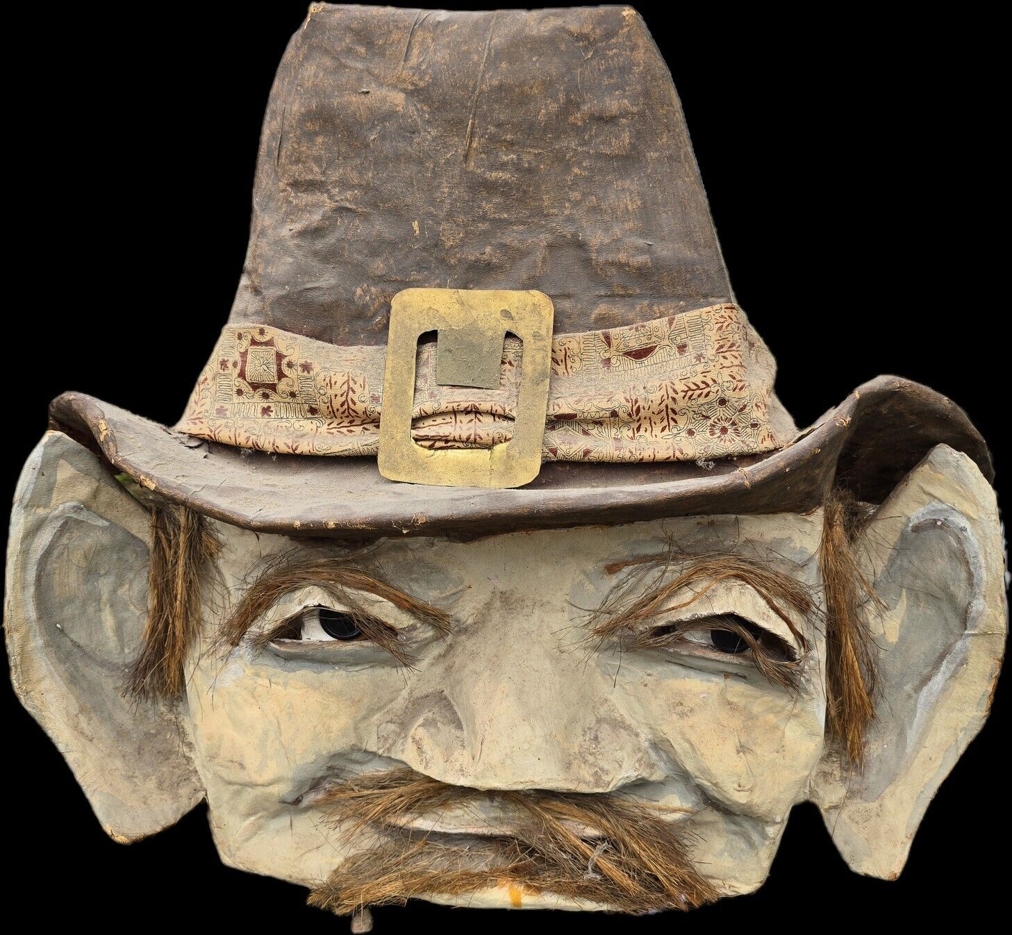 Incredible Antique Paper Mache Pilgrim Carnival Mask Halloween Prop Parade Decor