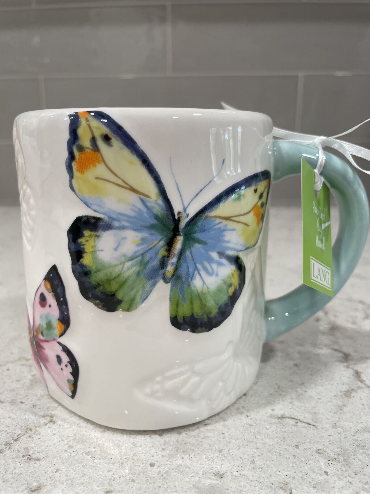 BUTTERFLIES Hand Painted Ceramic 18oz Mug Embossed Raised Lang Ribbon Gift Tag