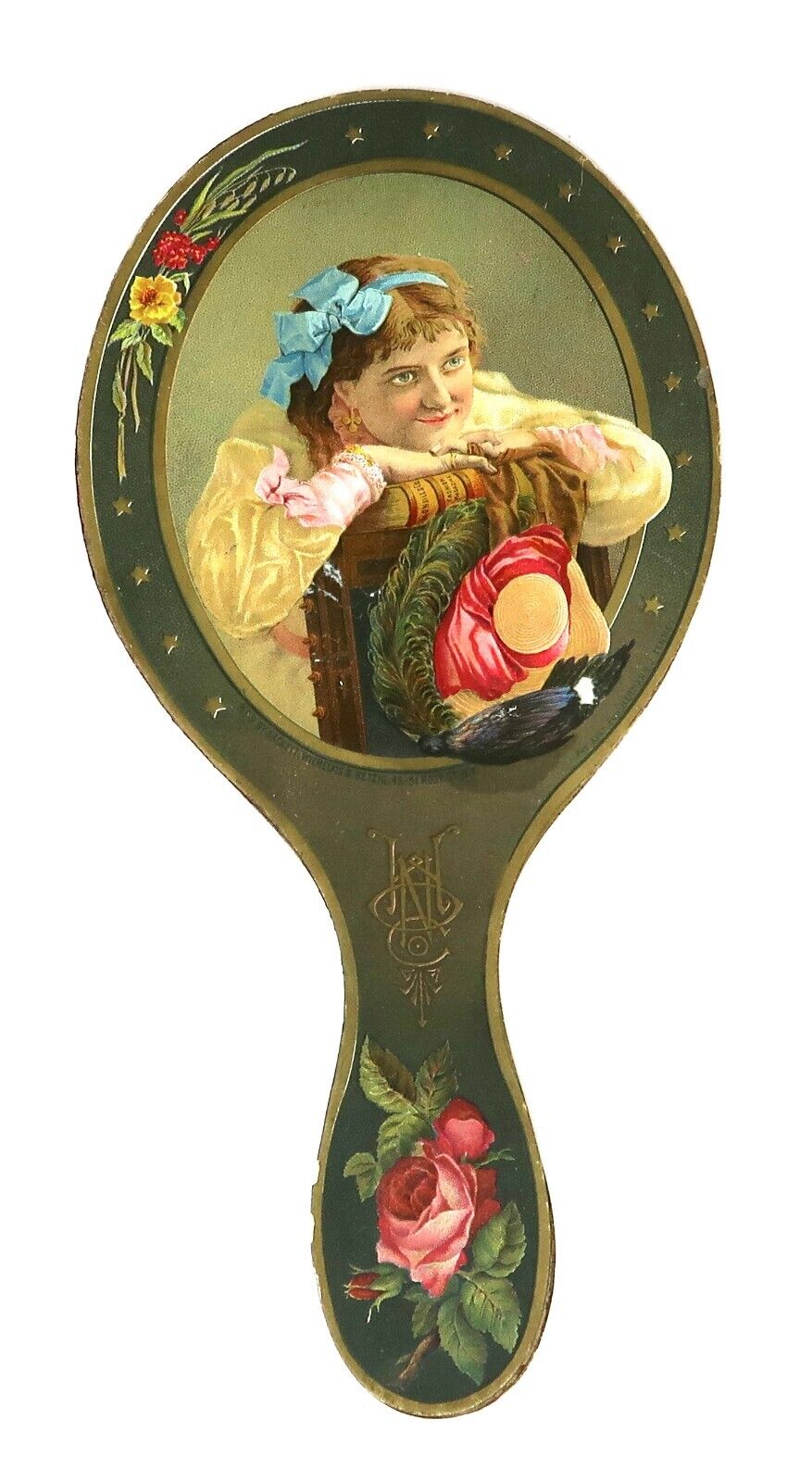 c1890's H. O'Niell & Co. Advertising Paper & Wood Hand Mirror, Cherubs