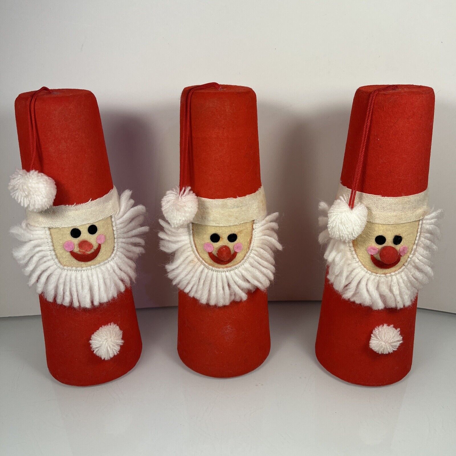 Vintage Felt Santa MCM 60s Holiday Felt Flocked Kitsch Cone Pompoms 7.5” Lot