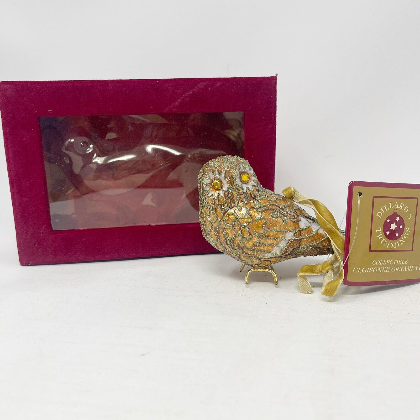 Vintage Dillard’s Collectible Cloisonné Owl Christmas Ornament Gold Bird W/ Box