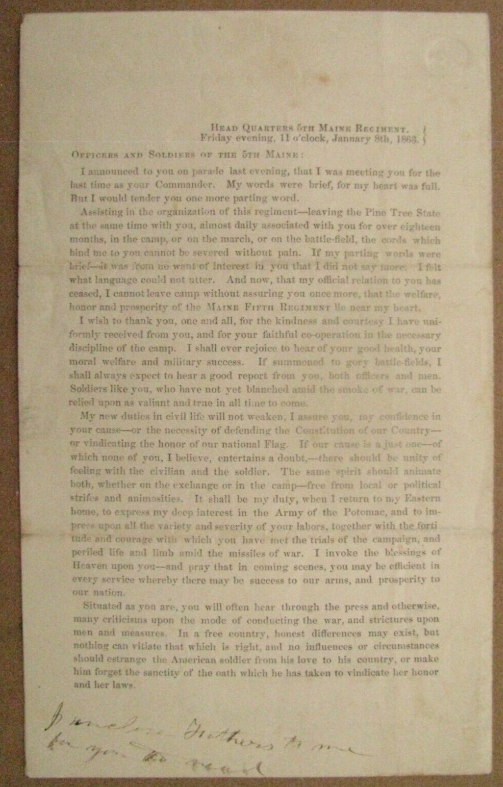 5TH MAINE CIVIL WAR COLONEL EDWARD SCAMMON FAREWELL ADDRESS 1863
