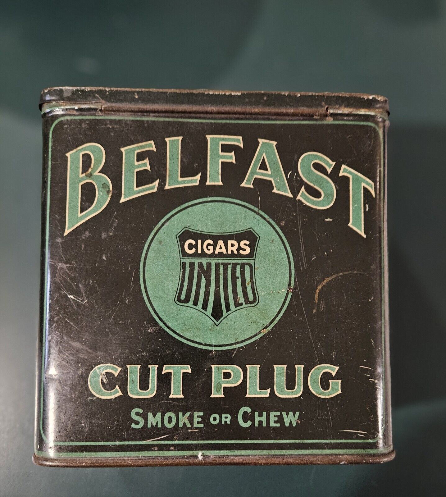 Antique Tobacco Tin, Belfast Cut Plug Rare Collectible Advertising Tin